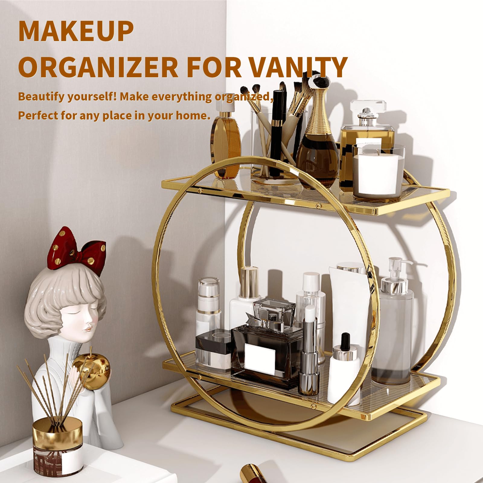 YIWANFW gold makeup organizer showcasing sturdy metal frame and clear trays