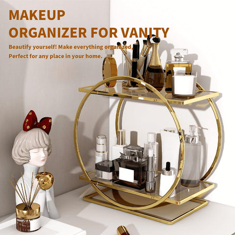 YIWANFW gold makeup organizer showcasing sturdy metal frame and clear trays
