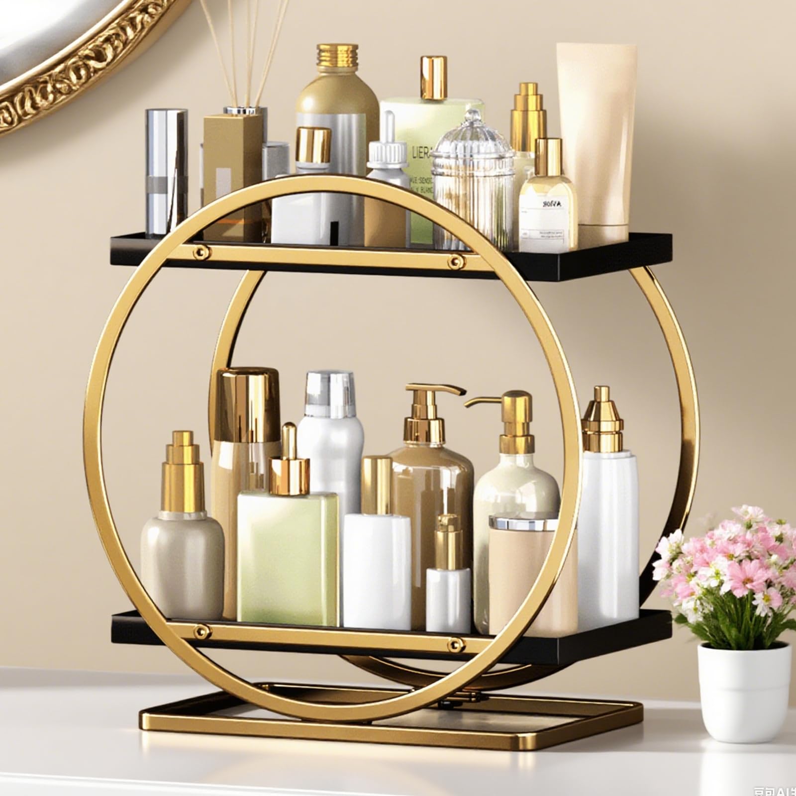 YIWANFW makeup organizer on vanity with black-gold finish for easy access.