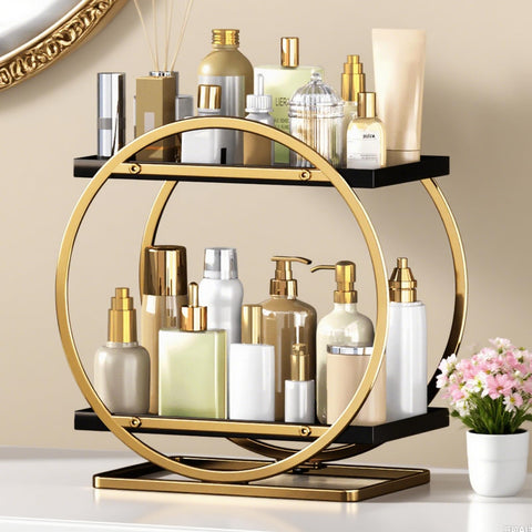 YIWANFW makeup organizer on vanity with black-gold finish for easy access.