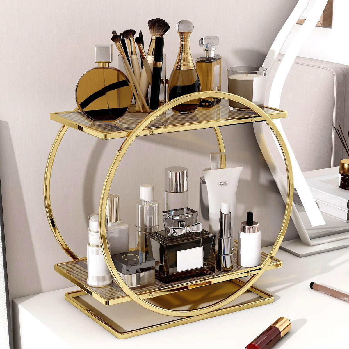 YIWANFW perfume organizer on a vanity with two-tier display for easy access
