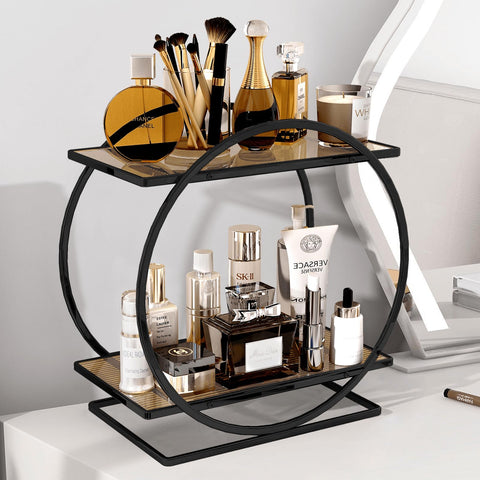 YIWANFW perfume organizer on dresser with two-tier accessibility.