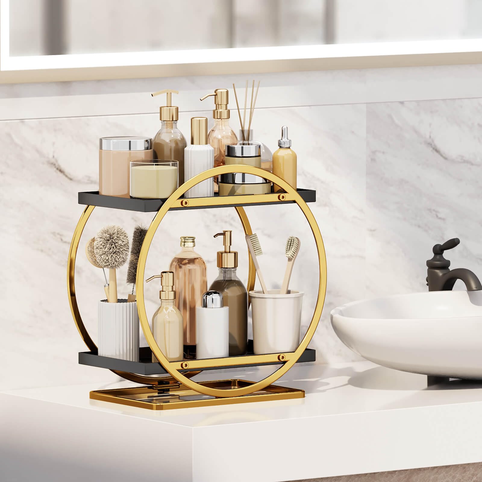 YIWANFW perfume stand shows organized fragrance in a tidy two-tier display.
