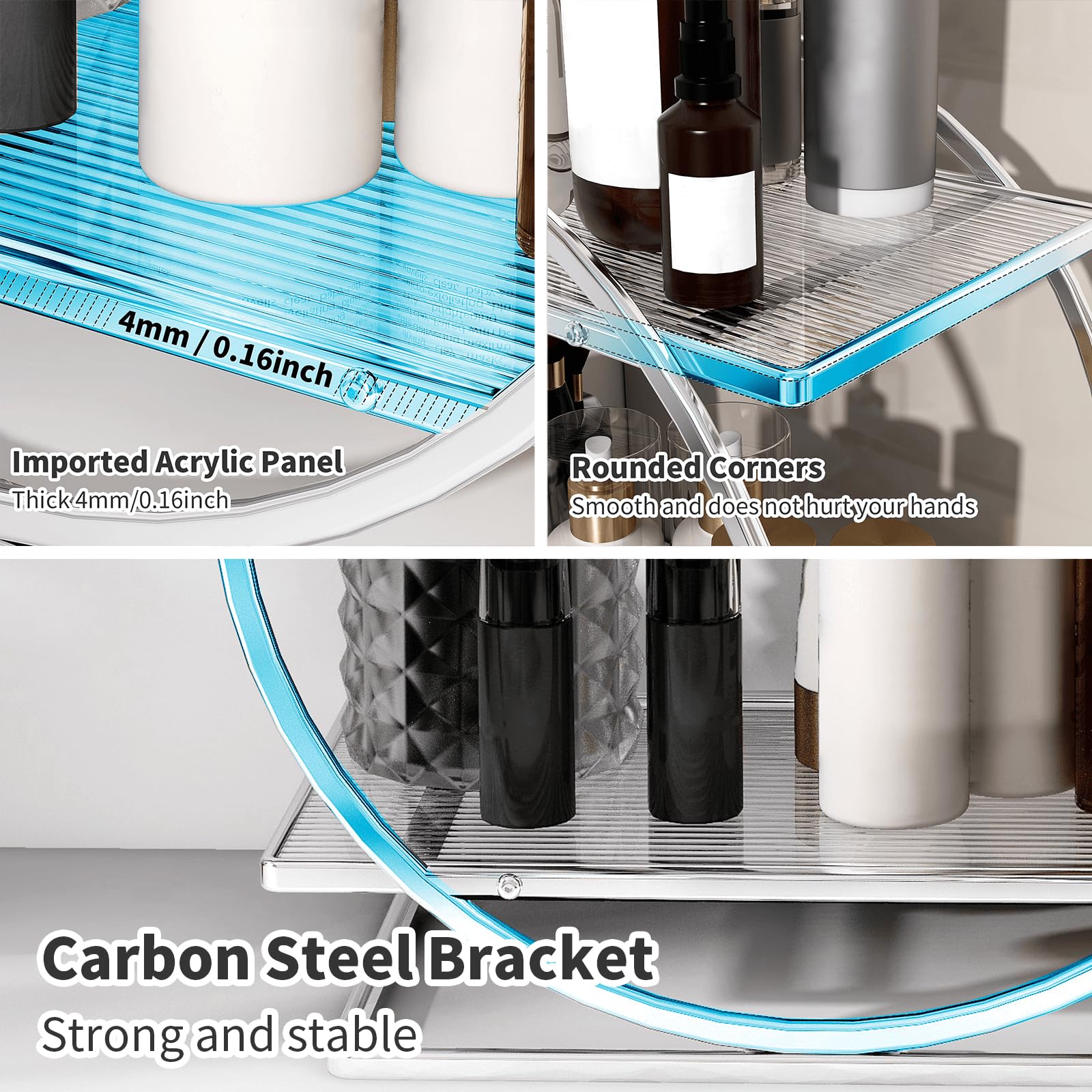 YIWANFW silver bathroom organizer keeps toiletries organized and water-resistant.