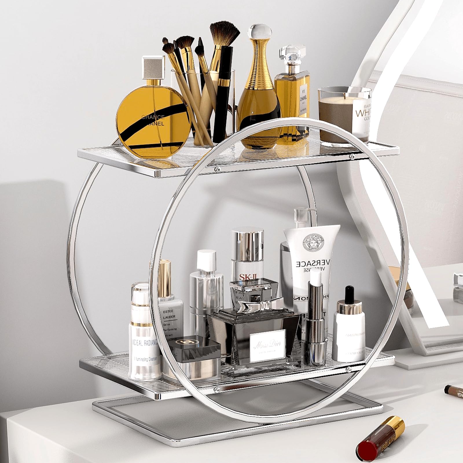 YIWANFW silver perfume organizer for vanity keeps bottles neatly displayed and accessible.