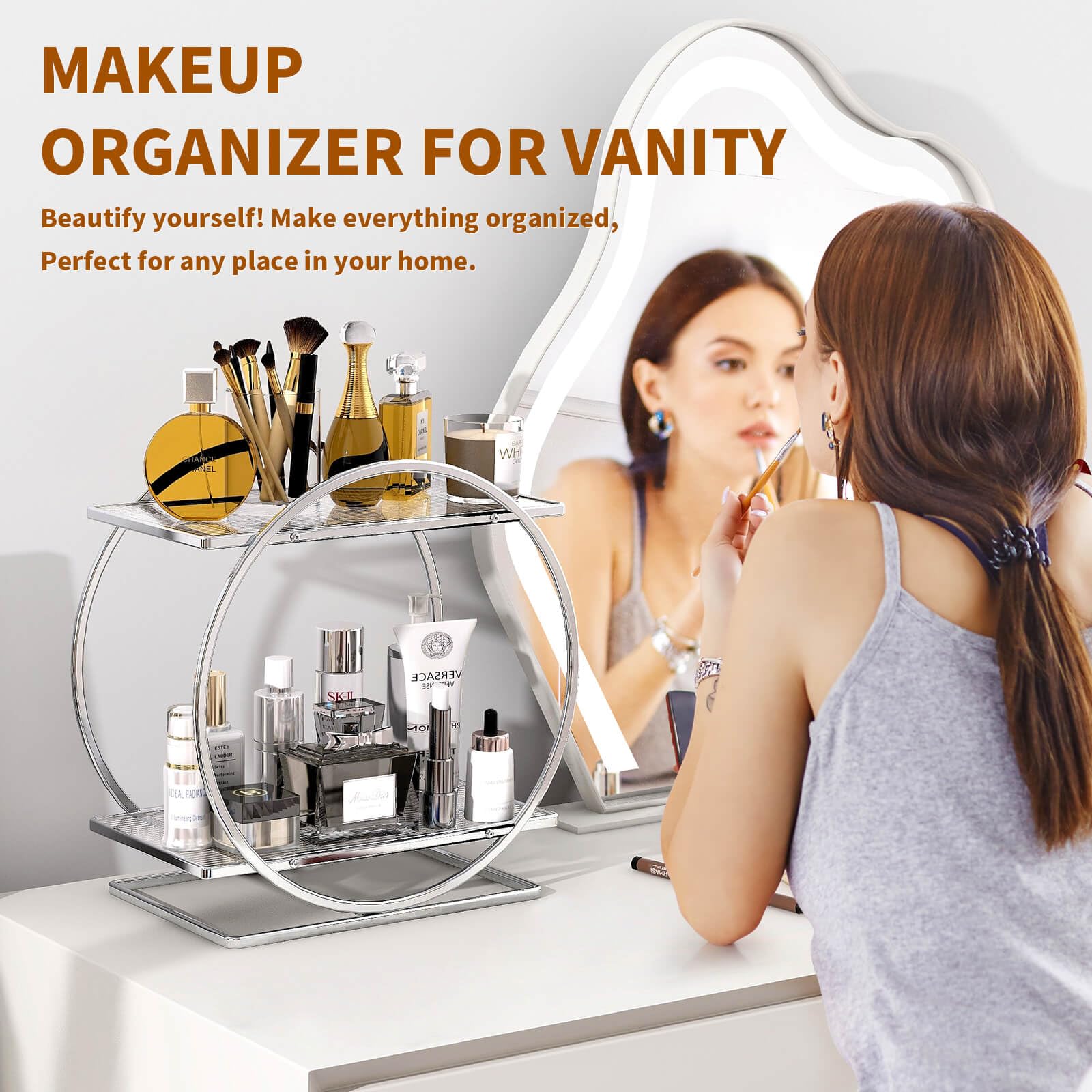 YIWANFW two-tier makeup storage showcases cosmetics with easy access.