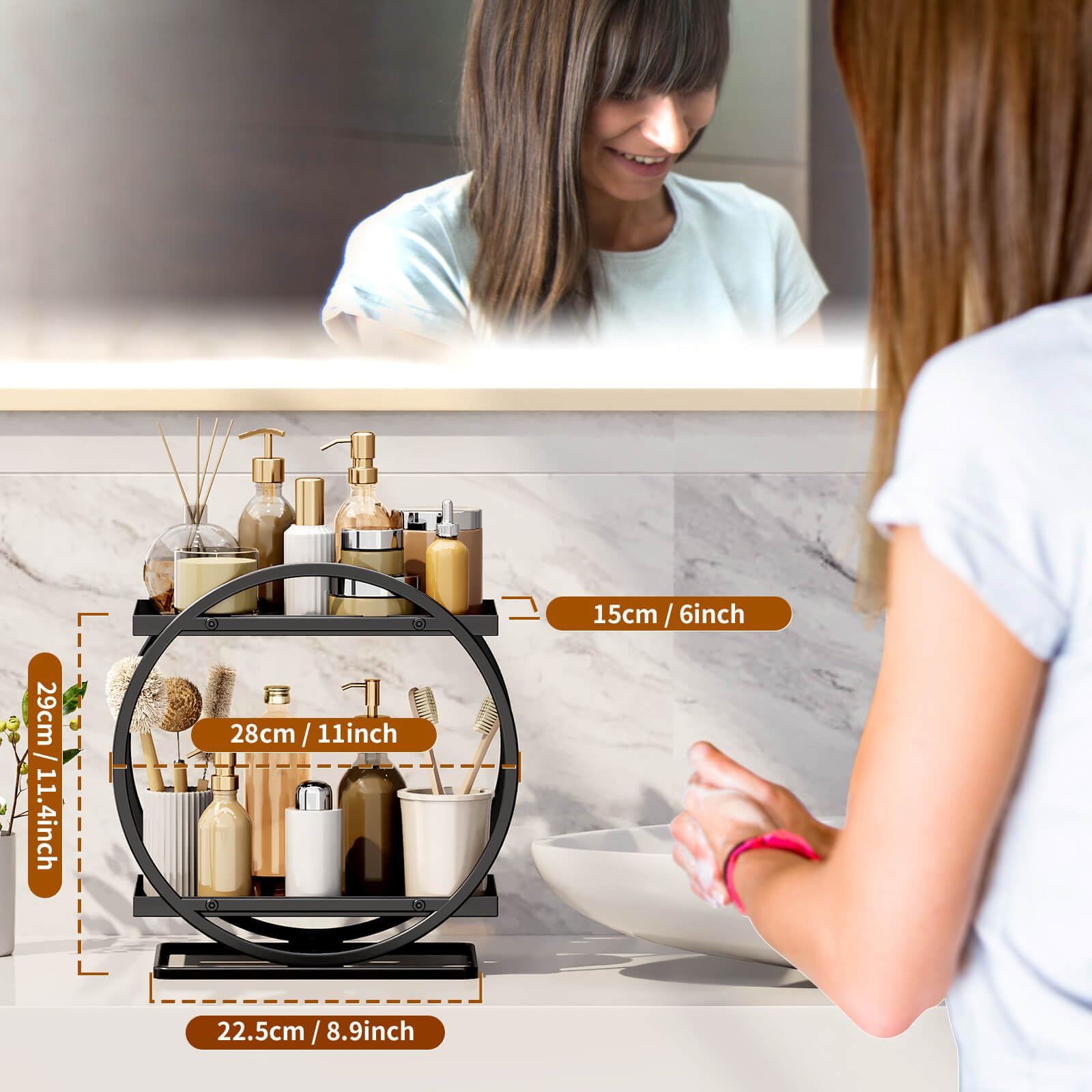 YIWANFW two-tier vanity organizer stores skincare and makeup neatly on countertops.