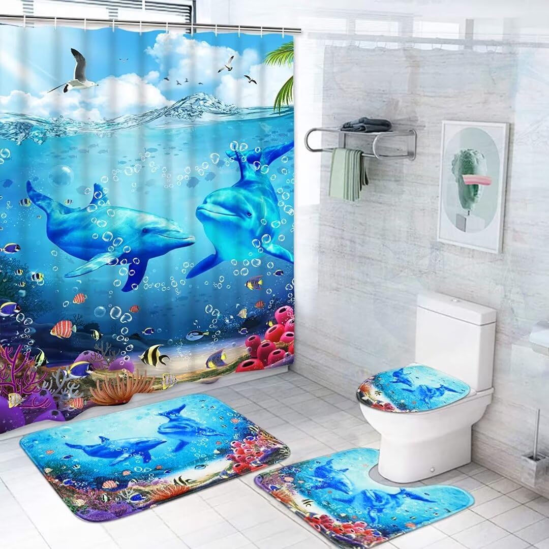 Yizheer blue ocean dolphin shower curtain adds vibrant coastal mood.