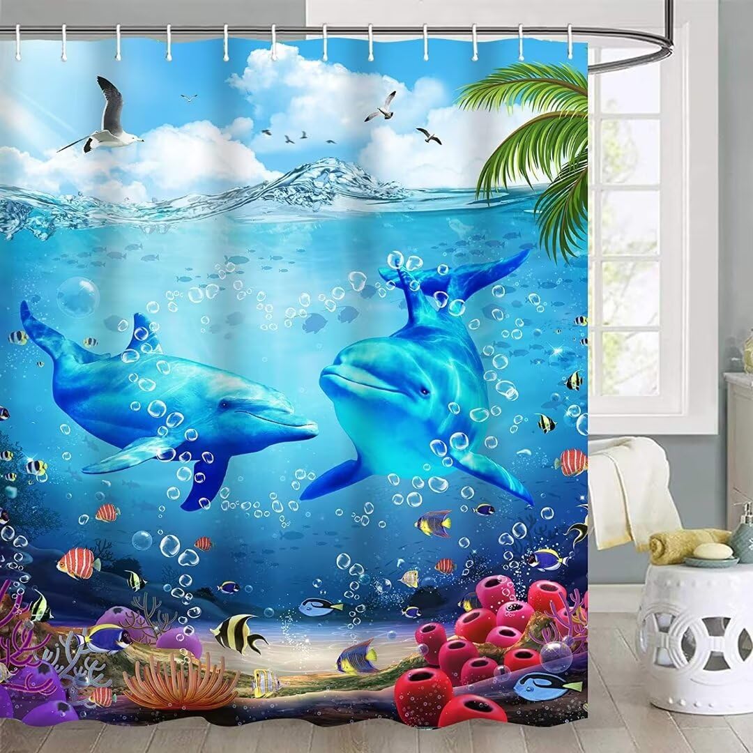 Yizheer pattern detail highlights vivid dolphins for coastal style.