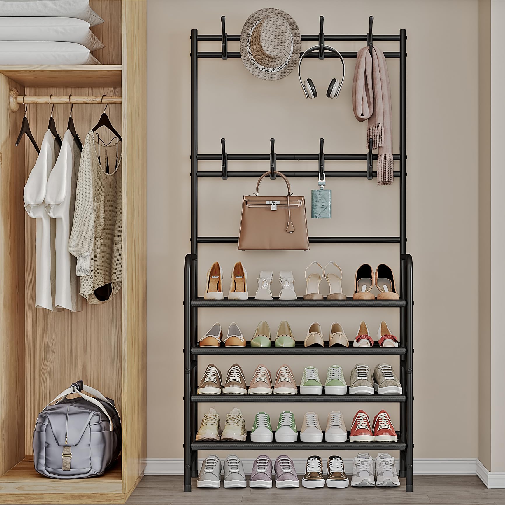 YIZAIJIA coat rack with shoe storage promotes neat spaces.