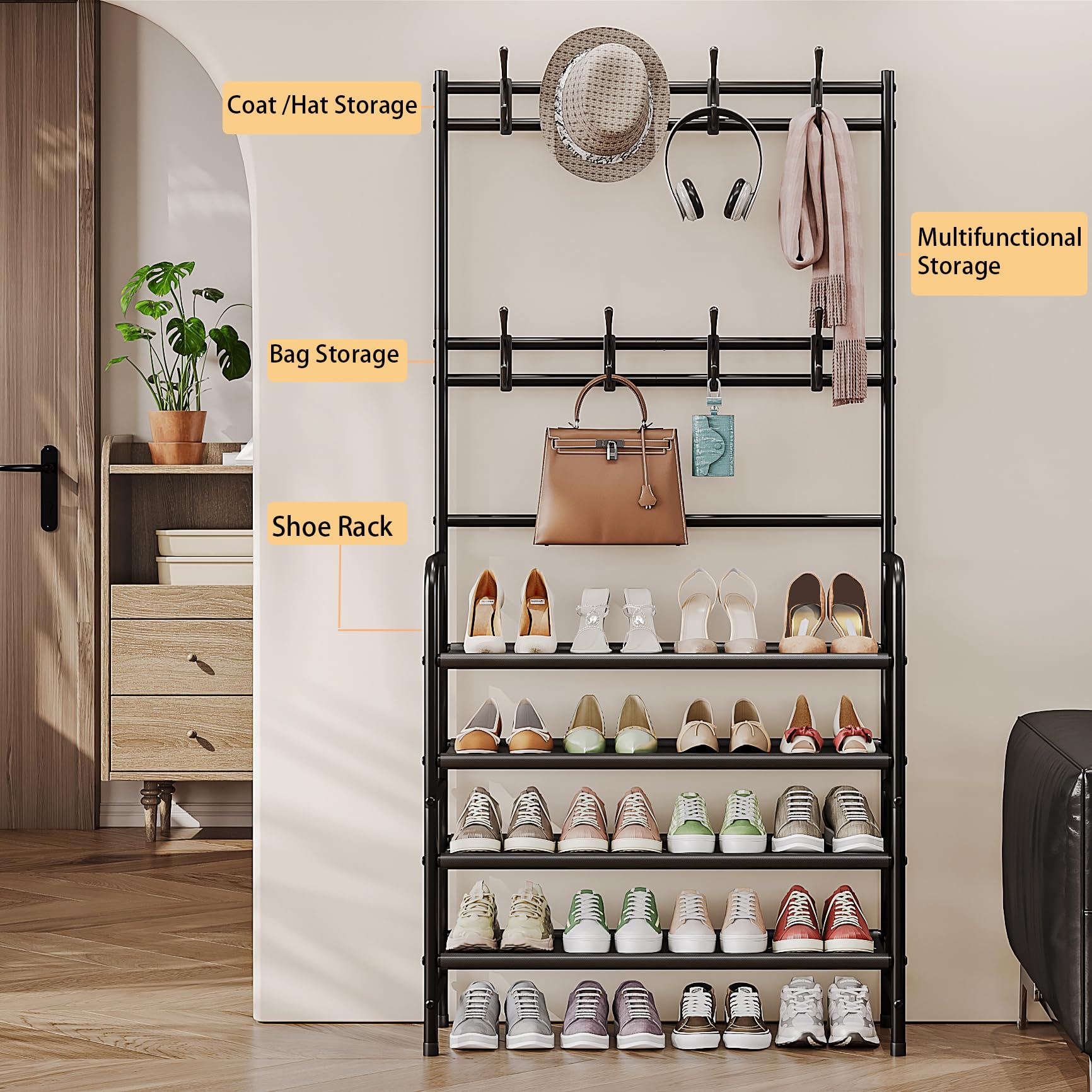 YIZAIJIA shoe rack with four-tier shelves keeps footwear tidy.