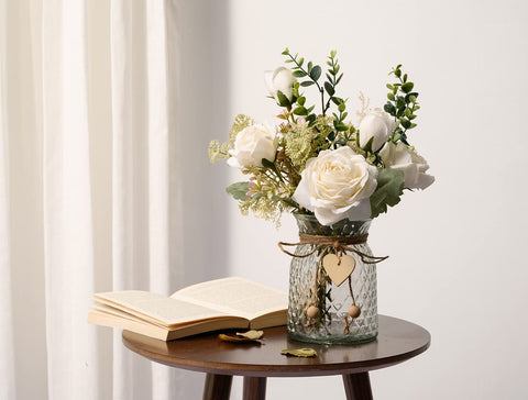 YJ artificial eucalyptus flowers in vase add a natural touch to desks.