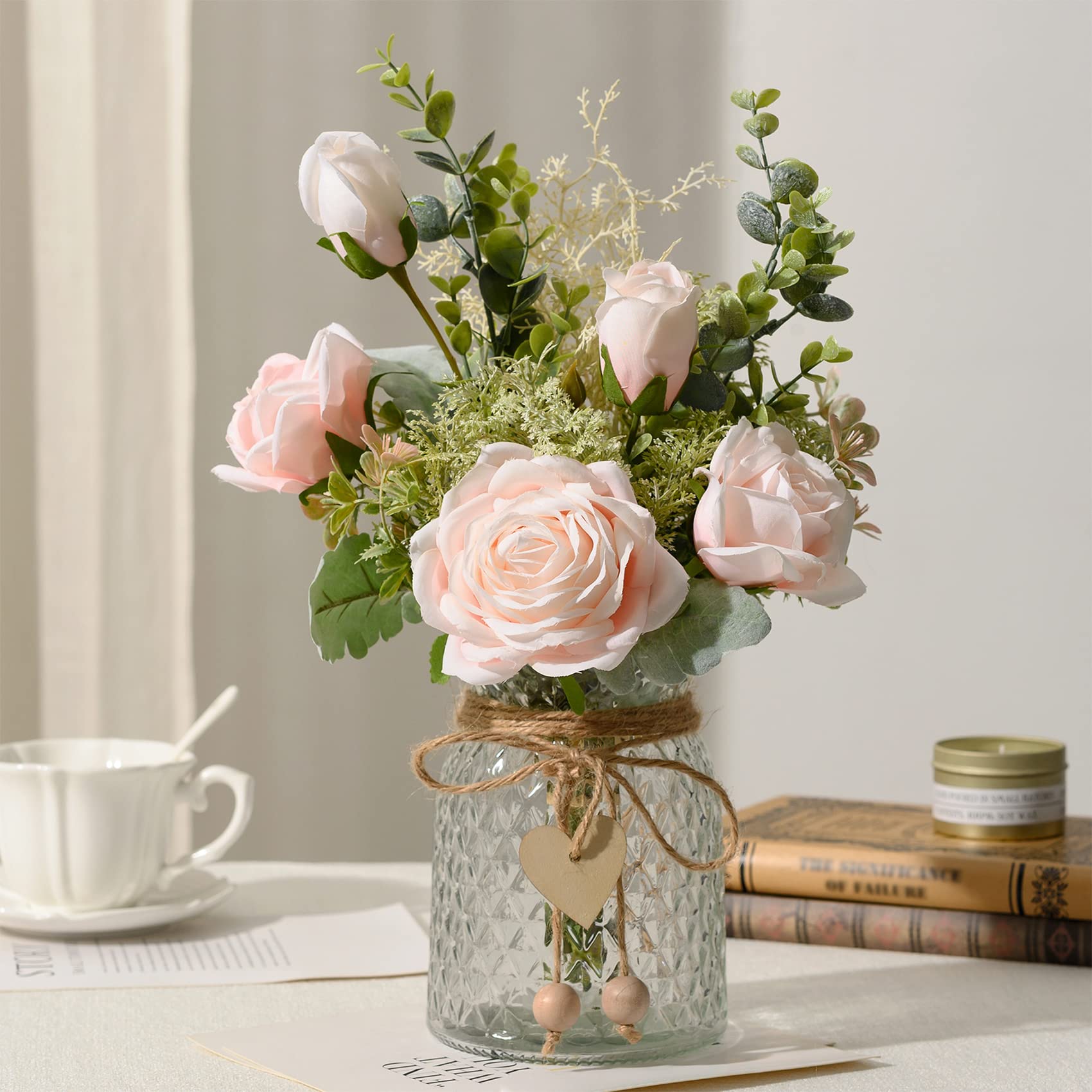 YJ fake flowers with vase featuring pink roses and eucalyptus for a vibrant table centerpiece