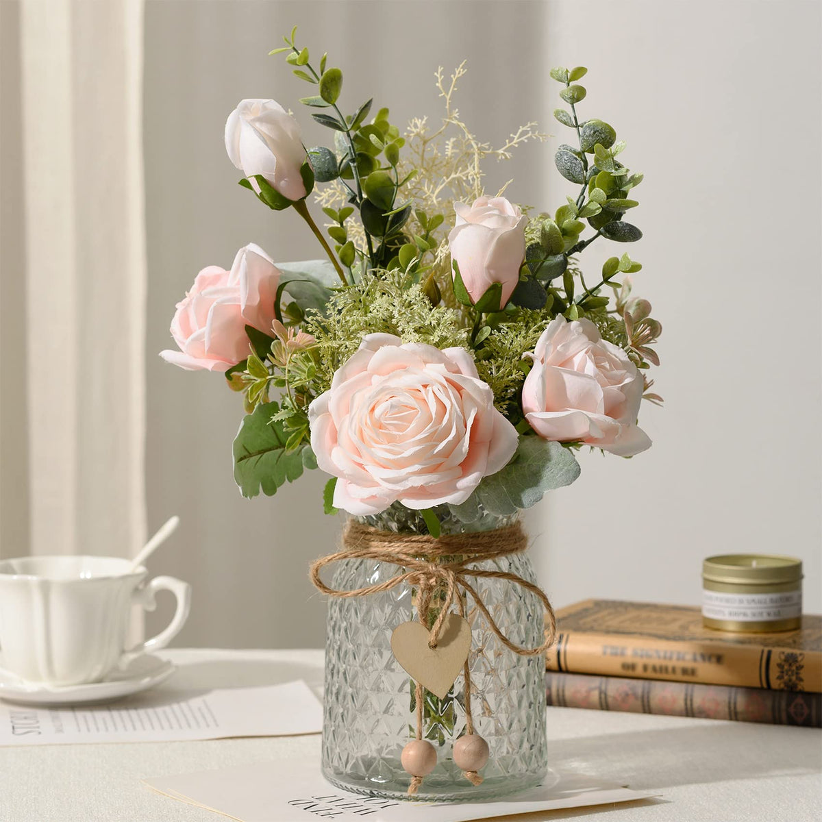 YJ fake flowers with vase featuring pink roses and eucalyptus for a vibrant table centerpiece