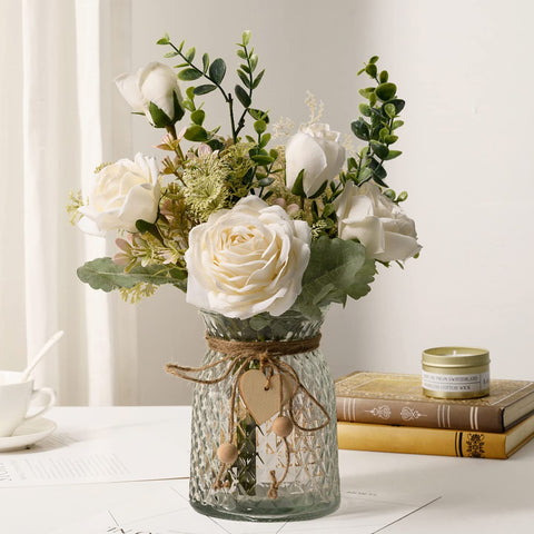 YJ fake flowers with vase: white roses, ideal dining table centerpiece.