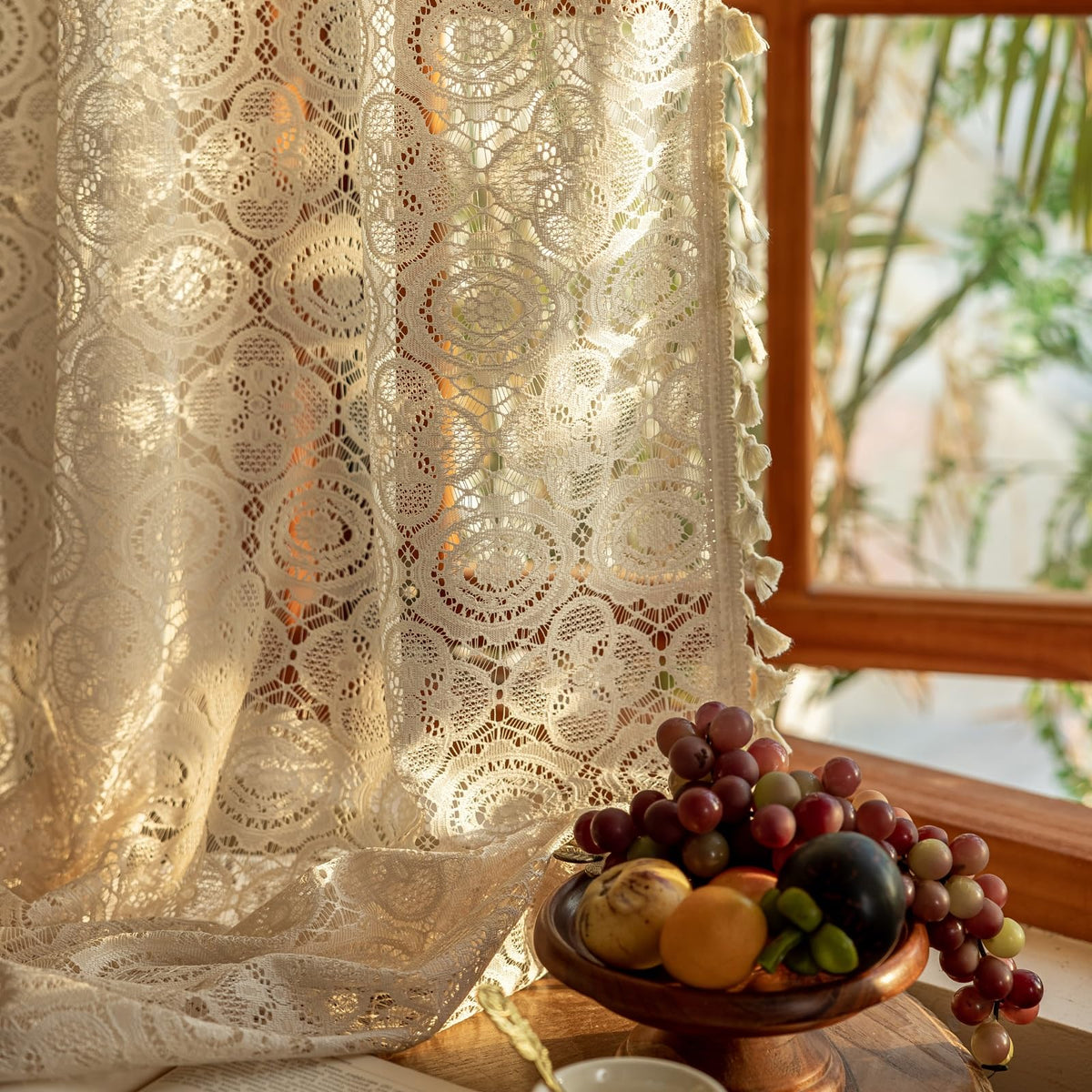 YJ YANJUN boho lace curtains pair with tassel trims for soft light and privacy