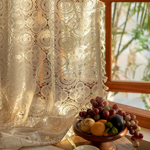 YJ YANJUN boho lace curtains pair with tassel trims for soft light and privacy