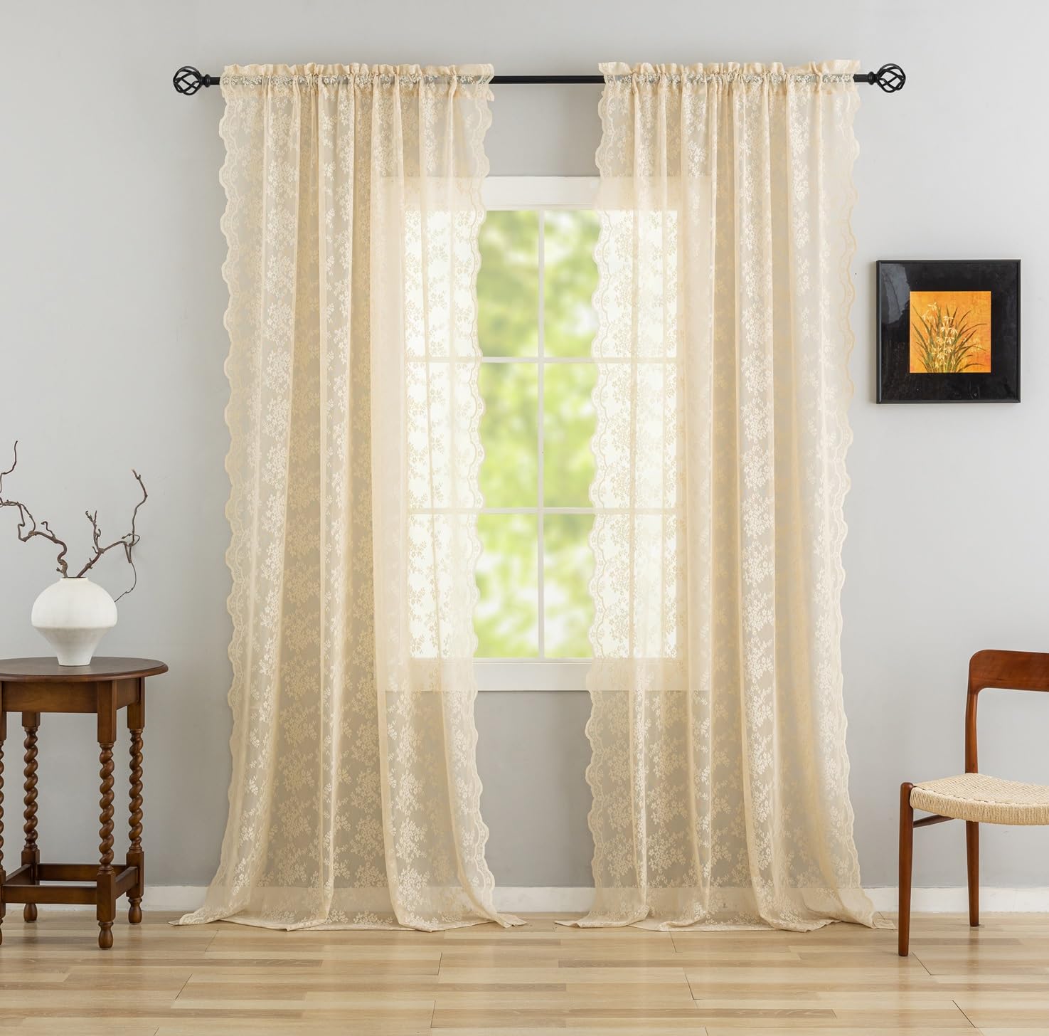 YJ YANJUN closeup of beige floral lace texture for refined decor.