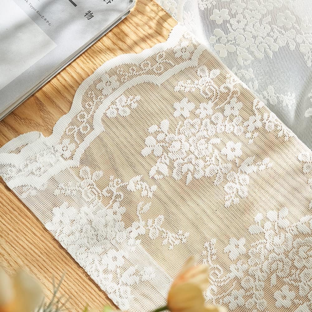 Boho farmhouse dining area styled with lace curtains