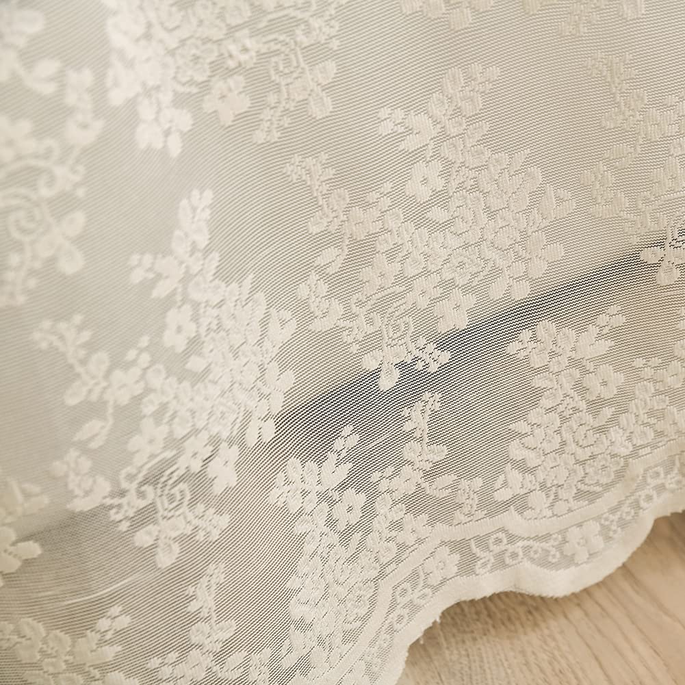 YJ YANJUN ivory lace curtain shows twelve reinforced holes for simple hanging.