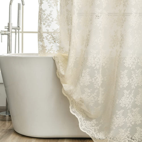 YJ YANJUN ivory lace curtain draped in bath creates romantic ambiance.