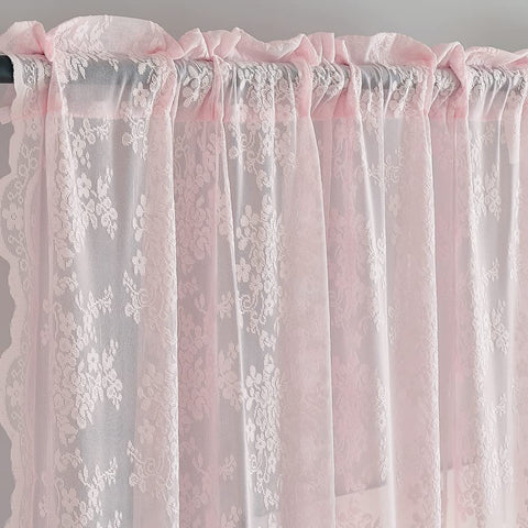 YJ YANJUN pink lace curtain closeup showing floral motif and netting.
