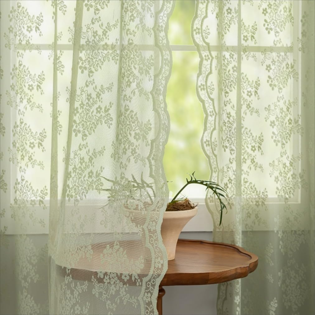 YJ YANJUN sage green lace curtains create serene bedroom ambiance with soft light filtering.