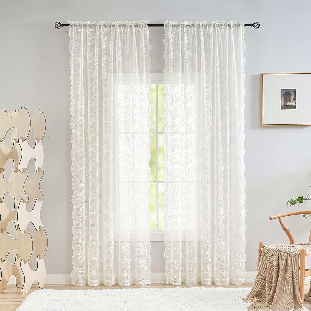 YJ YANJUN ivory cream sheer curtains with delicate floral lace