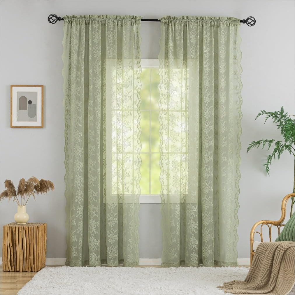 YJ YANJUN vintage lace curtains in sage green, 2 panels with rod pocket for easy hanging.