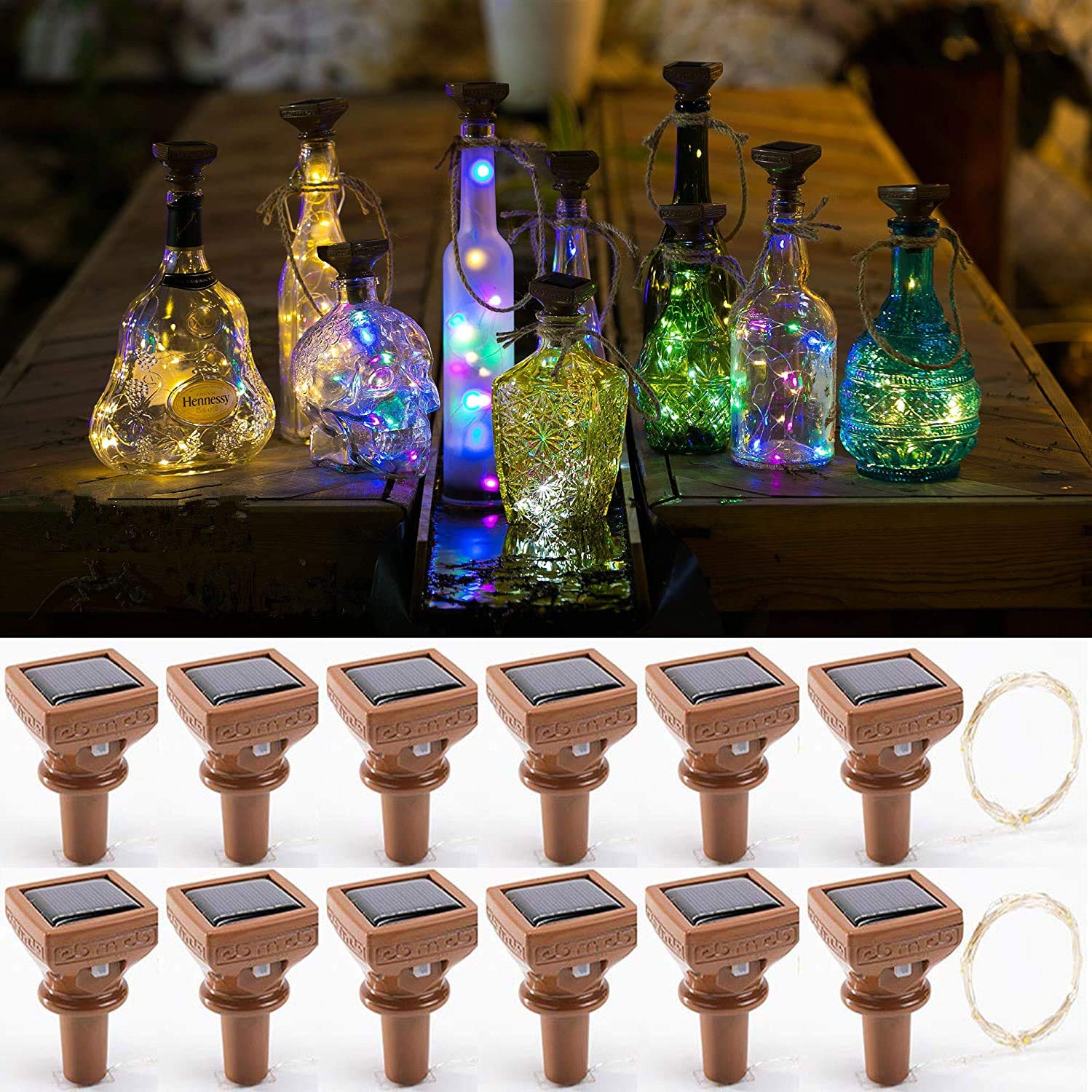 YJFWAL solar wine bottle lights create a multicolor glow for romantic outdoor evenings.