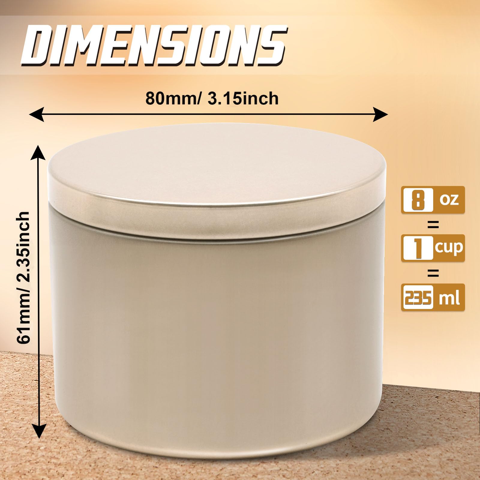 YJHSS matte champagne gold 8oz tin shows a premium finish ready for labeling.
