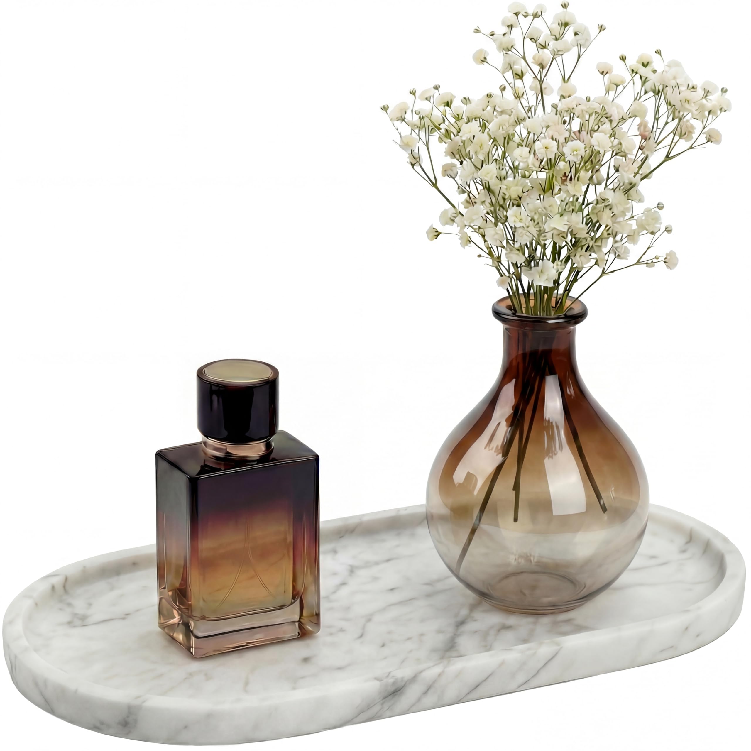 YKAJO oval marble tray showing natural veining for vanity organization