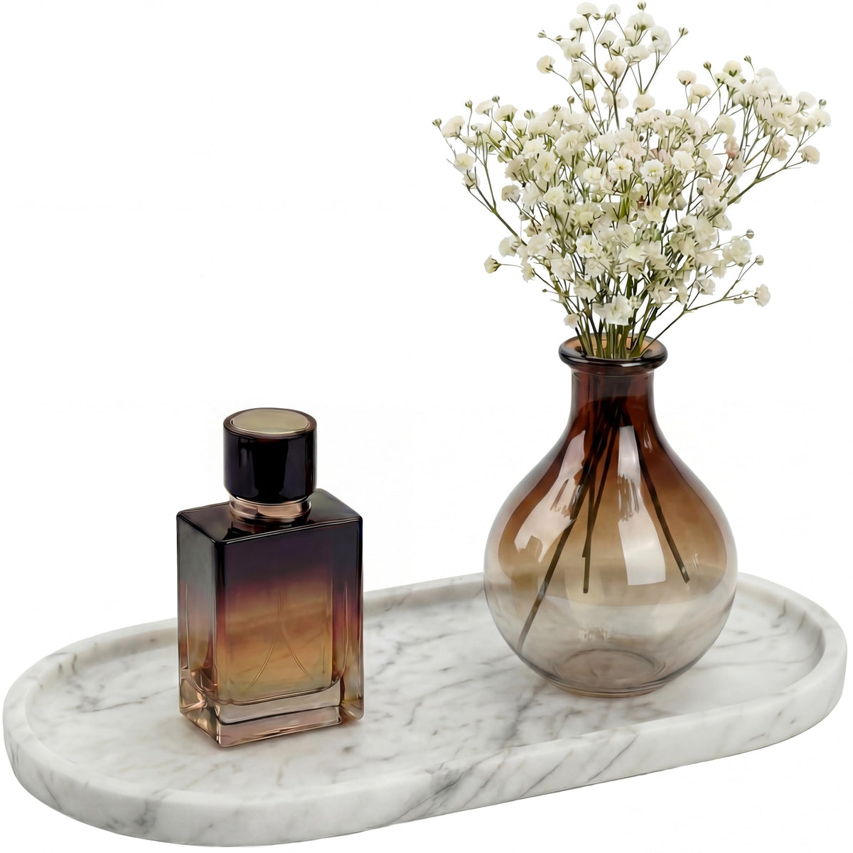 YKAJO oval marble tray showing natural veining for vanity organization