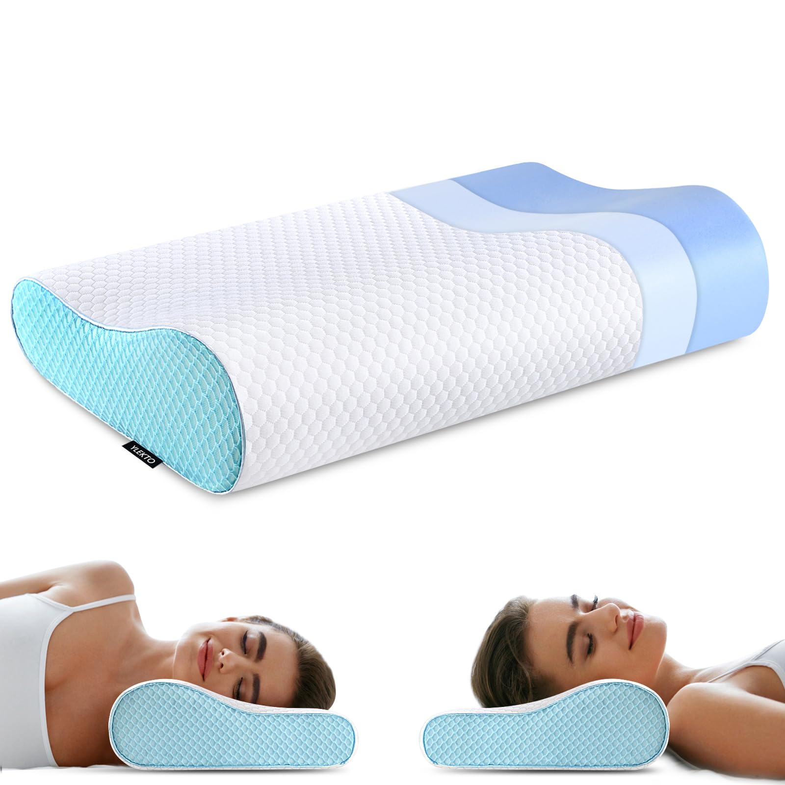 Ylekto Memory Foam Pillow front view highlights ergonomic contour for neck support.
