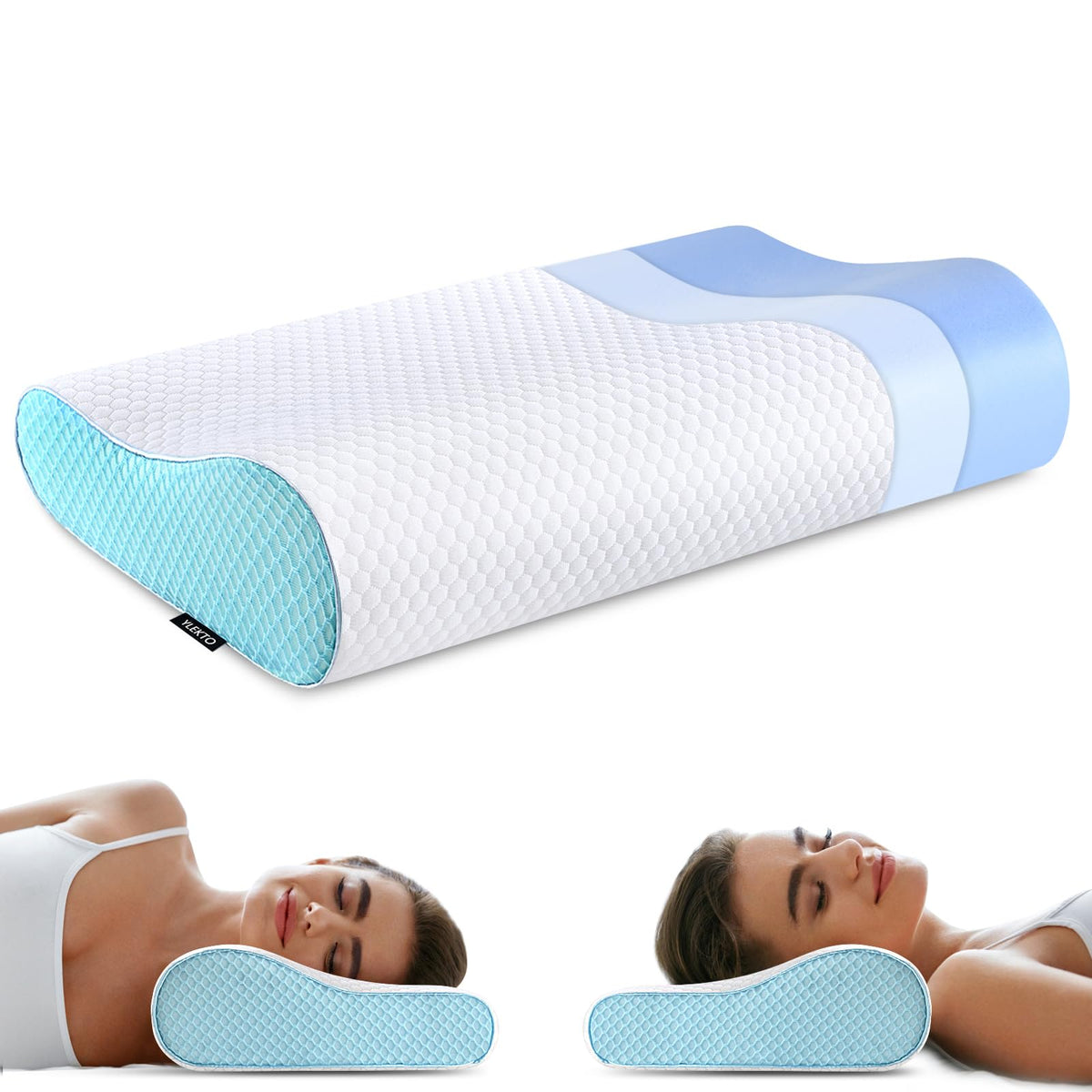 Ylekto Memory Foam Pillow front view highlights ergonomic contour for neck support.