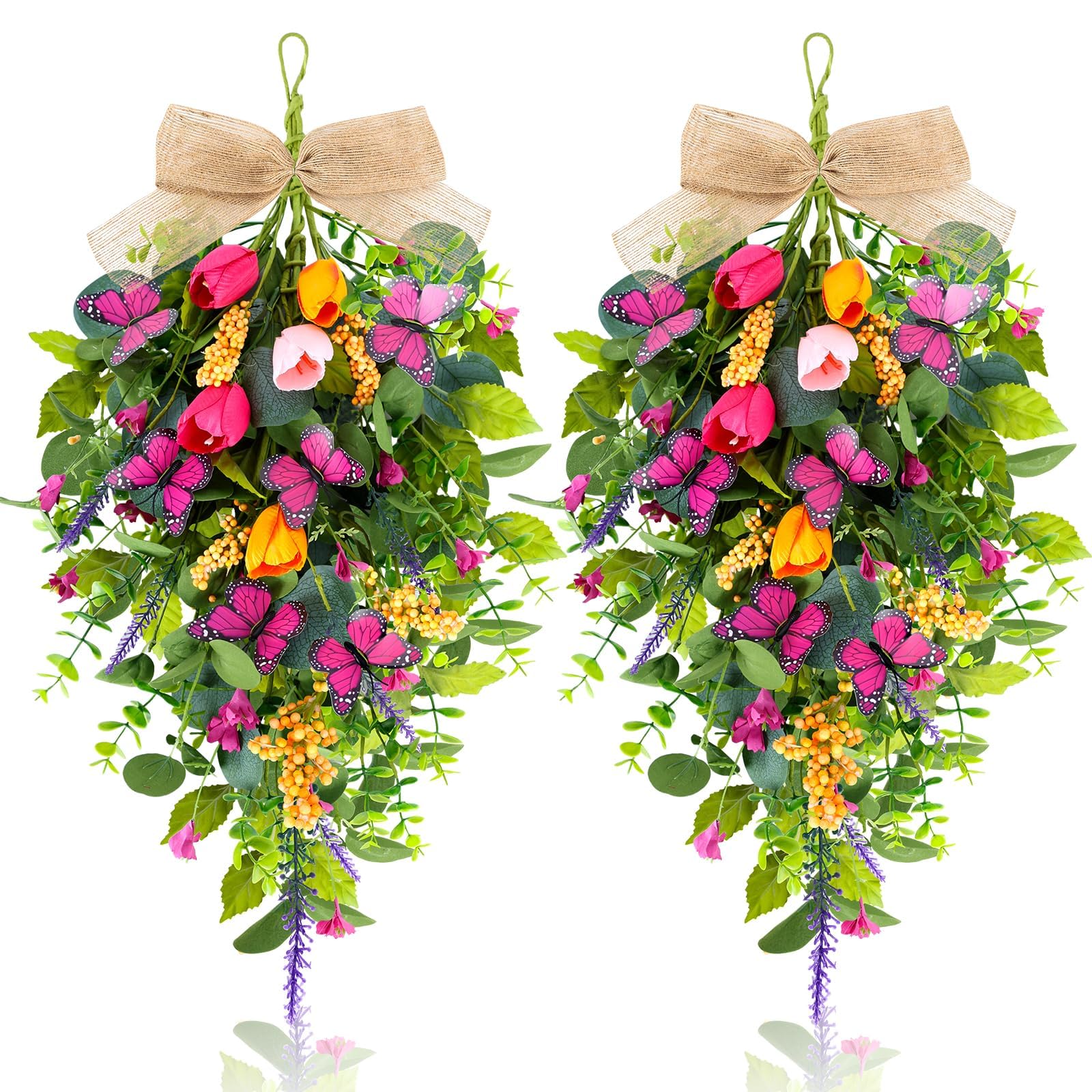 YLOLUL spring swag front door with tulip teardrop, lavender, and butterflies creates a vibrant welcome.