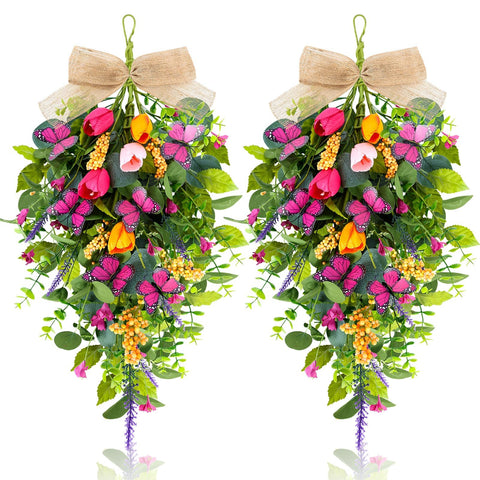 YLOLUL spring swag front door with tulip teardrop, lavender, and butterflies creates a vibrant welcome.