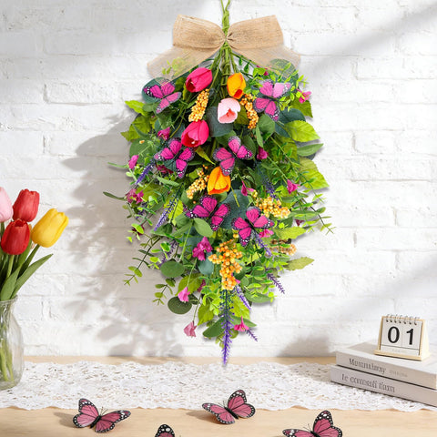 YLOLUL 2-piece swag set brightens entryway with tulips and butterflies for spring allure.