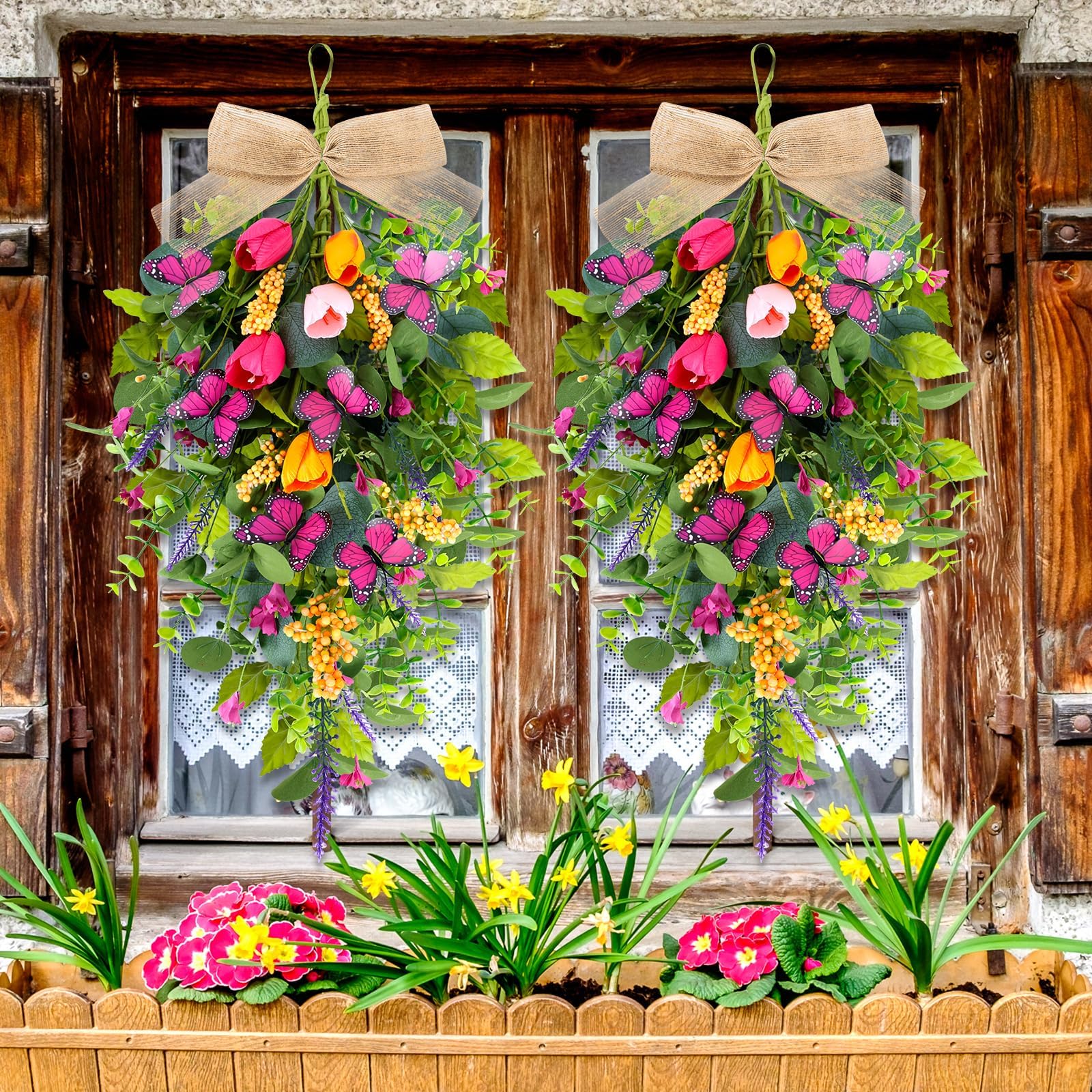 YLOLUL tulip teardrop swag on stair rail adds floral charm to living spaces.