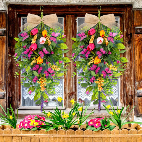 YLOLUL tulip teardrop swag on stair rail adds floral charm to living spaces.