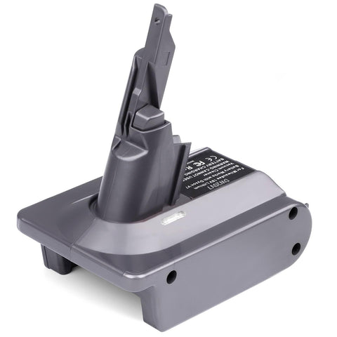 YMWLKJ DW20V7 adapter connected to a DeWalt battery powering a Dyson V7