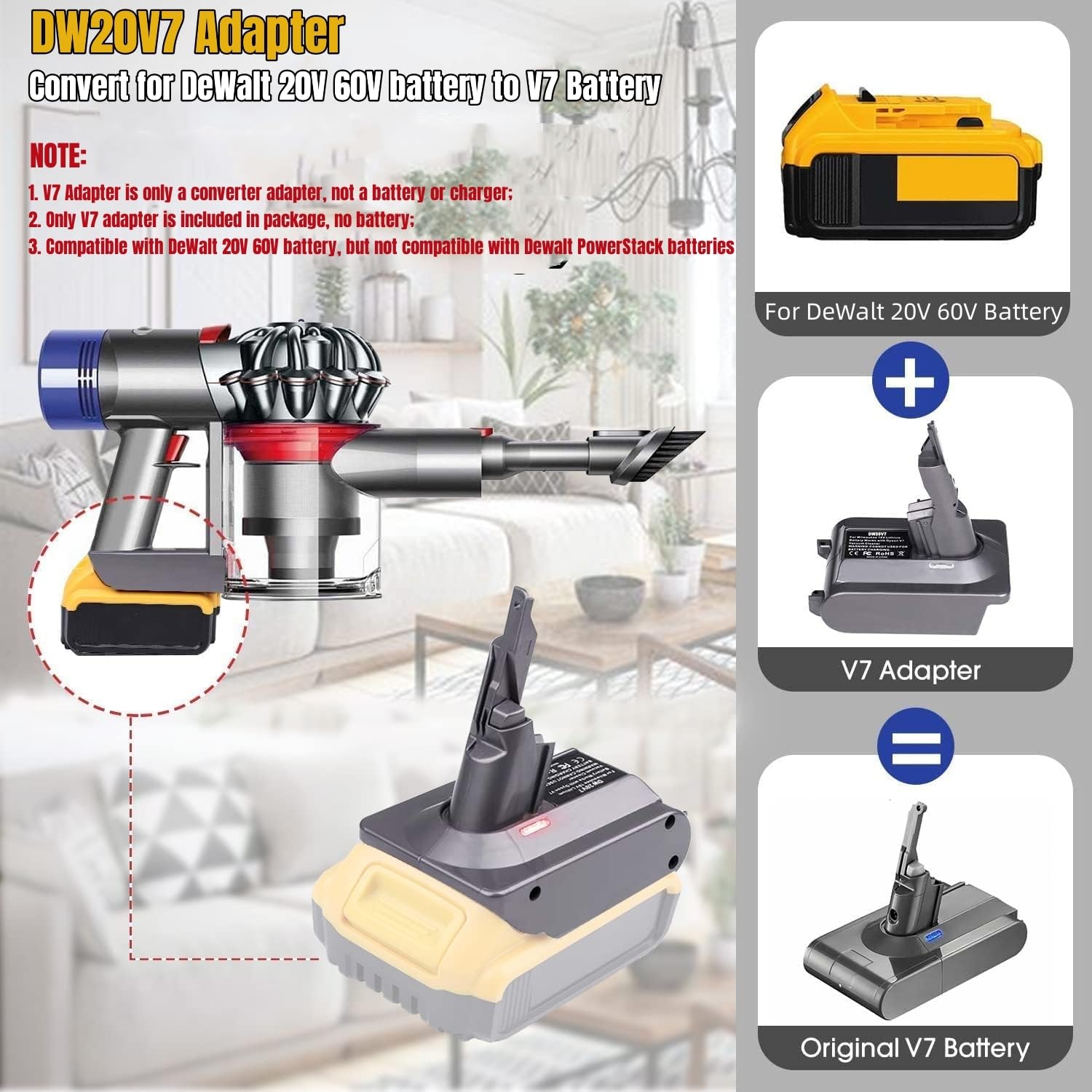 Secure DeWalt battery connection to DW20V7 adapter powering a Dyson V7