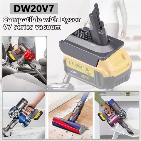 Charge the DeWalt battery separately before use with the DW20V7 adapter