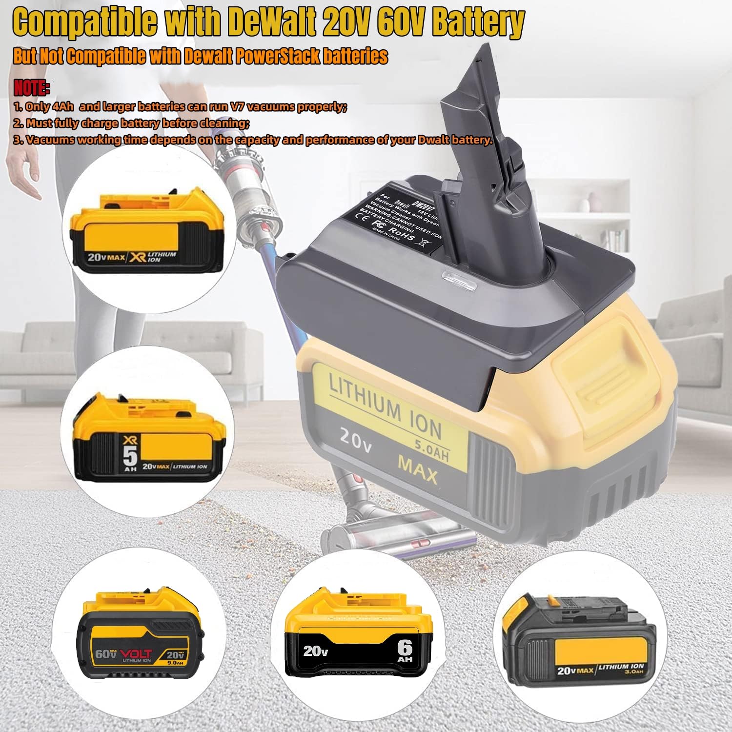 DW20V7 adapter attached to Dyson V7 vacuum for extended run time