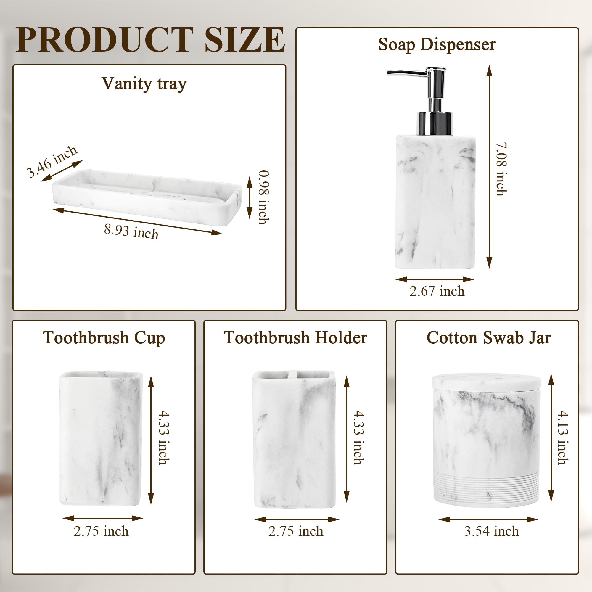YMXYJM 6-piece bathroom set arranged in elegant marble-inspired display
