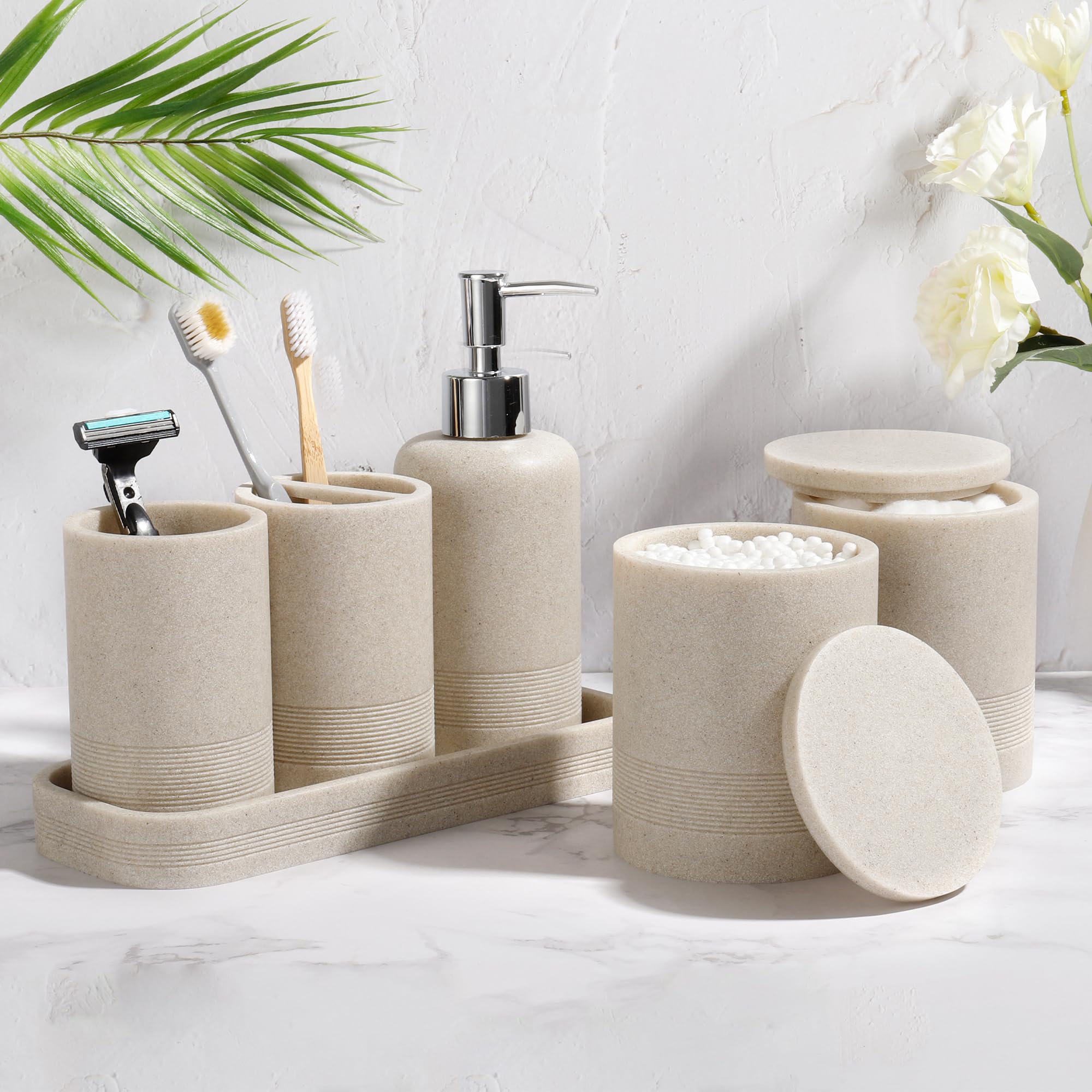 YMXYJM toothbrush holder in beige for a clutter-free vanity