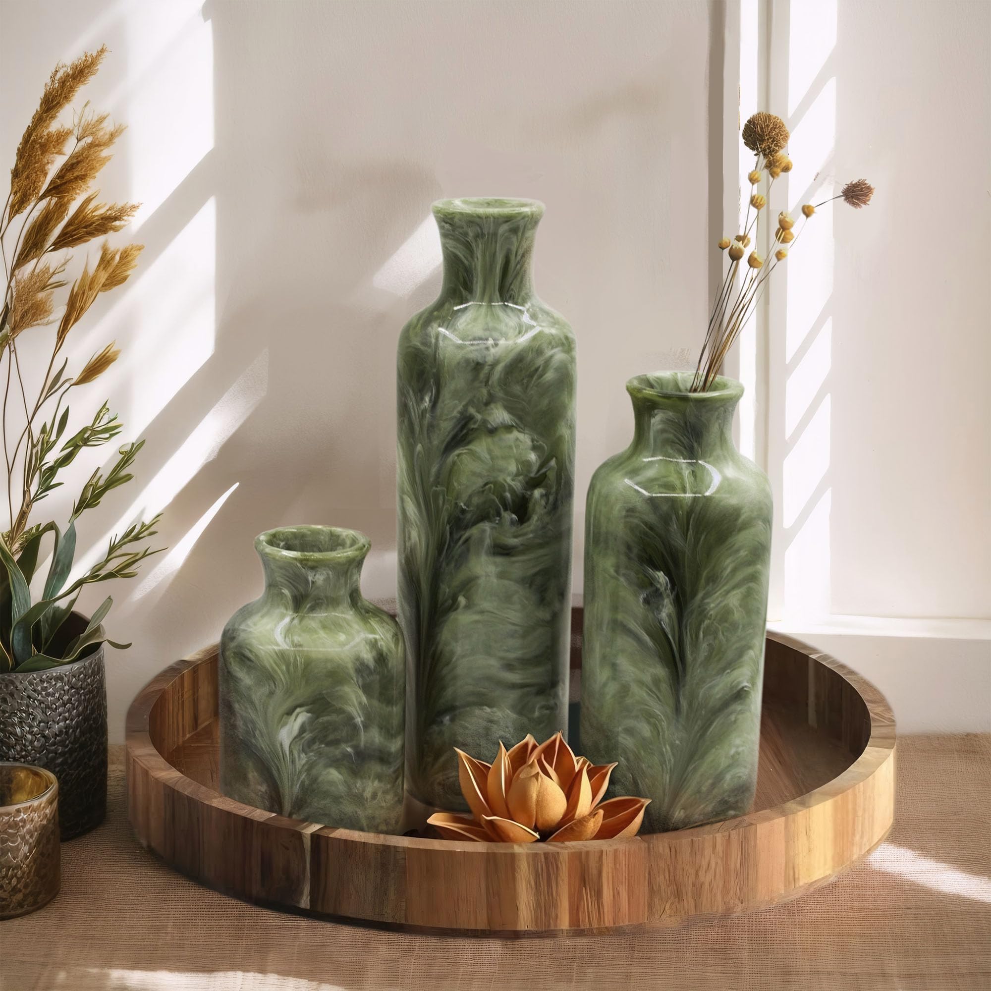 YMXYJM boho rustic chic green vases for shelves.