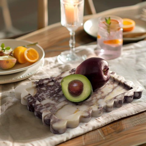 Coffee or tea table centerpiece with Calacatta Viola tray