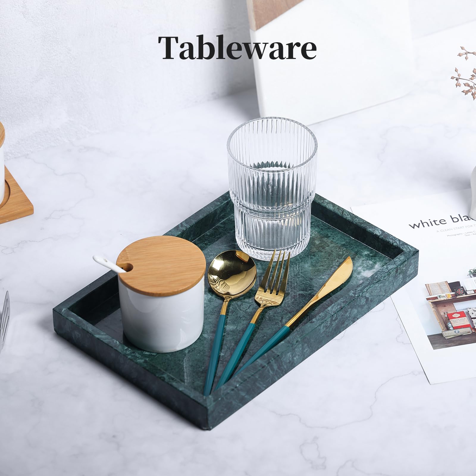YMXYJM marble dresser tray adds elegance to a bedroom setup