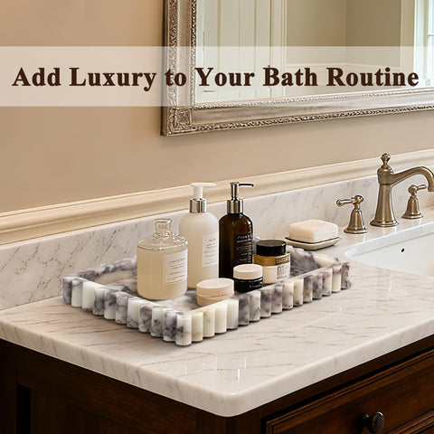YMXYJM marble tray on bathroom counter for organizing cosmetics and perfumes.